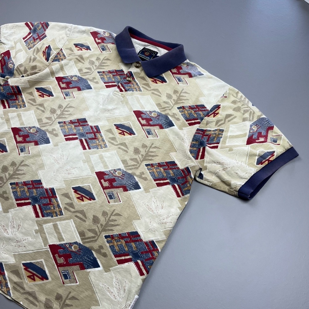 Chaps Polo Shirt Mens Large Multi Color Vintage Geometric Print Short Sleeve